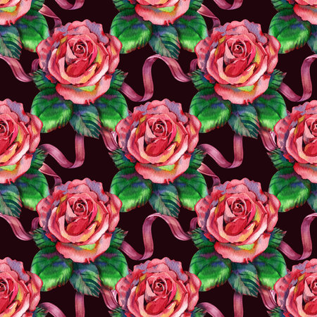 Seamless floral pattern with of red roses. Hand drawn illustration.の写真素材