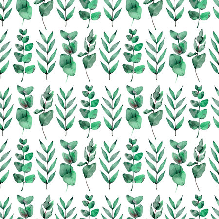 Seamless pattern with different branches of Eucalyptus. Watercolor illustration of greenery, foliage and natural leaves. Template for floral textile designの写真素材