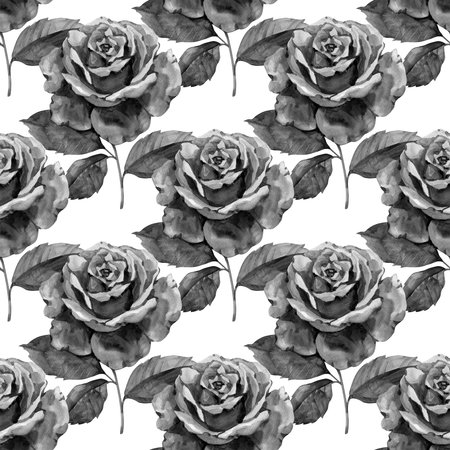 Beautiful monochrome, black and white seamless background with gray roses with stem and leaves. Hand-drawn with effect of drawing in watercolorの写真素材