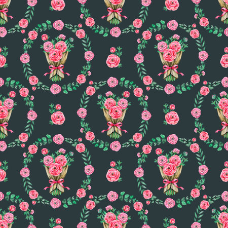 Seamless floral pattern. Background with ranunculus flowers and leaves. Pink pastel colors.の写真素材