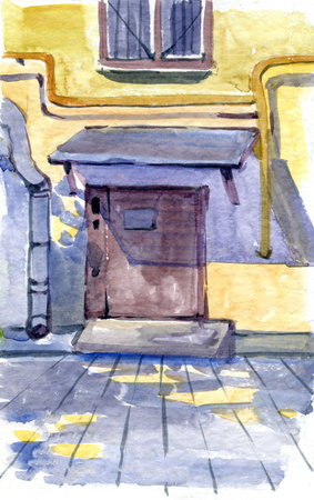 Saint Petersburg Russia watercolor hand drawn illustration. Watercolor sketch of old street landscape.の写真素材