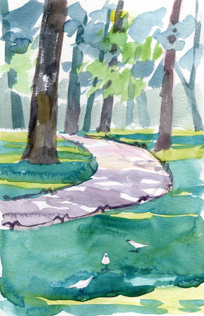 Watercolor sketch city park landscape of Saint Petersburg, Russia, in sketch style for using for postcard or illustrationの写真素材