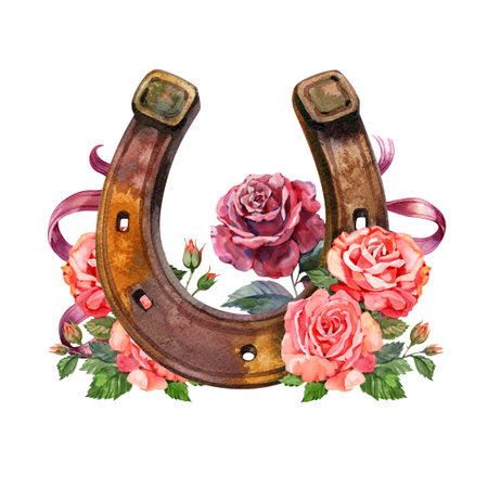Watercolor horseshoes in vintage color with red roses design. Talisman for good luck. Design elements isolated on white background. Decorations for Saint Patricks Day.の写真素材