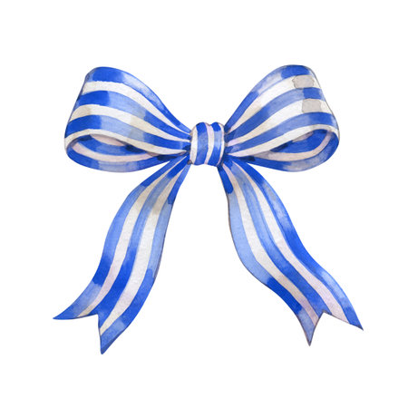 Watercolor blue satin ribbon bow realistic illustration. Isolated on white.の写真素材