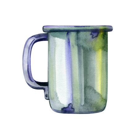 White enamel metal mug, rustic kitchenware element with vintage charm, cozy farmhouse style, watercolor clipart isolated on white background. High quality illustrationの写真素材