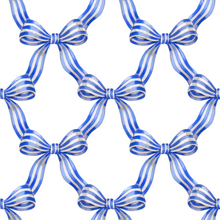 Blue watercolor coquette bow. Bright blue ribbon seamless pattern hand drawnの写真素材