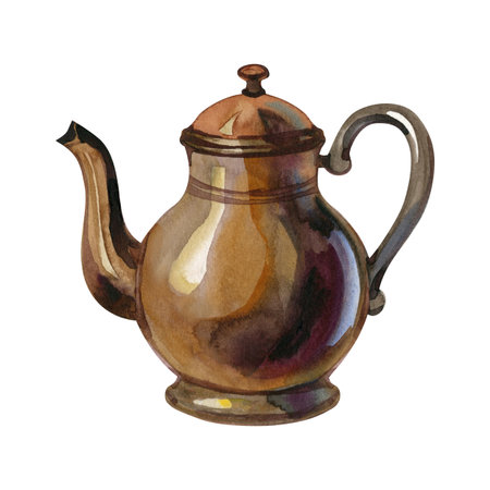 watercolor drawing vintage silver and copper objects, cauldron, pitcher, keys, teapots and kerosene lamp isolated at white background, hand drawn illustrationの写真素材
