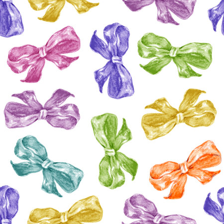 Seamless watercolor pattern with colorful bows, hand-painted ribbon design, bright decorative background for wrapping paper, fabric, and festive decorの写真素材