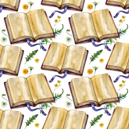 Seamless watercolor pattern with vintage books, wildflowers, dandelions, and fern leaves, botanical forest design, hand-painted repeating background, natural cottagecore aesthetic, cozy reading themeの写真素材