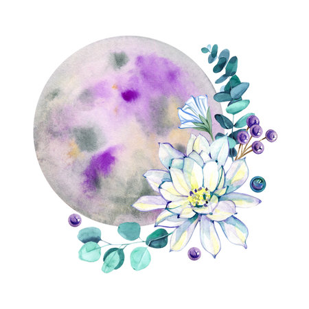 Watercolor moon composition with lotus flower, eucalyptus leaves, and purple berries. Mystical floral illustration in gentle pastel tones, ideal for celestial design, cards, and boho decor.の写真素材