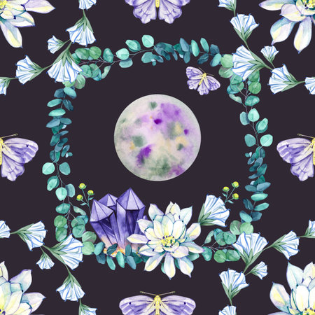 Seamless watercolor pattern featuring glowing moon, white lotus, eucalyptus branches, violet moths, and amethyst crystals. Elegant celestial print in soft blue and purple tones for boho interiors and stationery.の写真素材