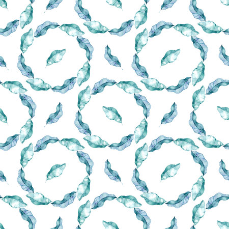 Seamless watercolor pattern featuring delicate green and blue leaves forming airy wreaths on white background. Light botanical design suitable for stationery, textiles, wrapping, and eco-style decor.の写真素材