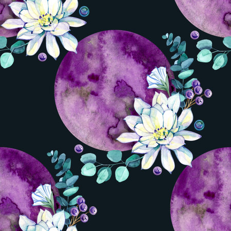 Seamless watercolor pattern with violet moons, white lotus blossoms, eucalyptus branches, and purple berries. Elegant celestial floral texture ideal for wrapping paper, textiles, wallpapers, and digital backgrounds.の写真素材