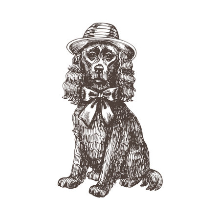 Vintage vector illustration of a spaniel dog in a hat with a bow, drawn in classic ink engraving style. Perfect for cottagecore art, retro prints, pet-themed decor, and elegant vintage designs.のイラスト素材