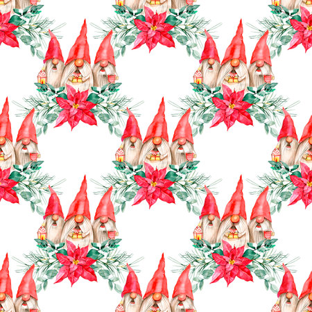 Whimsical seamless pattern featuring Christmas gnomes with red hats, bright poinsettias and winter greenery. Ideal for festive packaging, gift wrap, fabric design, cards and cozy seasonal projects.の写真素材