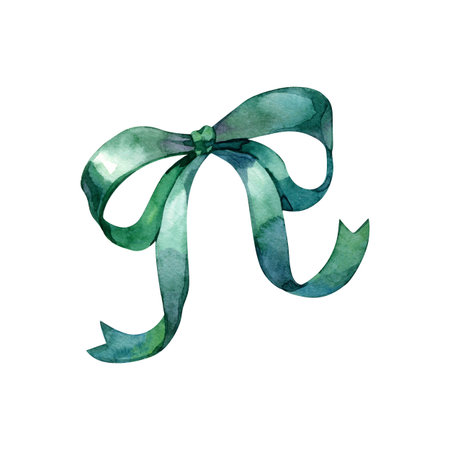 Elegant watercolor bow painted in soft green shades, perfect for festive designs, gift decoration, cards, scrapbooking, invitations, craft projects, packaging, and holiday artwork. Gentle color transitions create a delicate ribbon effect.の写真素材