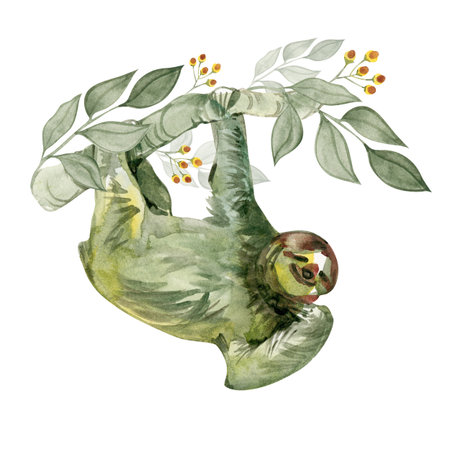 Watercolor illustration of a sloth hanging on a tropical branch with green leaves and yellow berries, hand-painted cute rainforest animal artの写真素材
