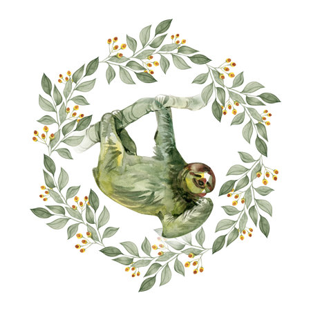 Watercolor illustration of a sloth hanging on a branch inside a green wreath with yellow berries, hand-painted tropical animal artの写真素材