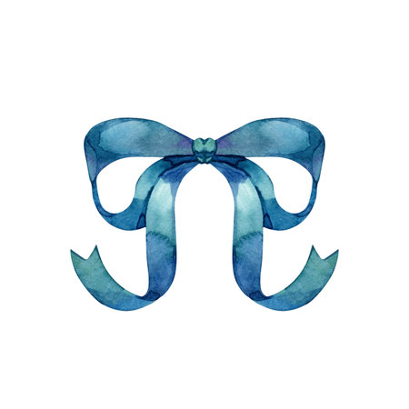 Elegant watercolor blue bow with soft flowing ribbons and gentle gradients. Perfect for festive design, gift decoration, invitations, packaging, baby shower graphics, and seasonal creative projects.の写真素材