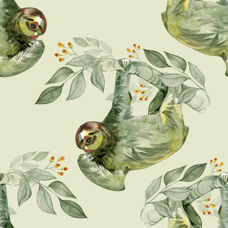 Watercolor seamless pattern with sloth portraits and tropical branches, hand-painted botanical animal artwork, rainforest design for textile and wrapping paperの写真素材