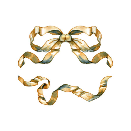 Watercolor illustration set of elegant golden ribbons. Features a decorative silk bow and a flowing twisted streamer in warm bronze and gold tones, perfect for festive banners and gift designs.の写真素材