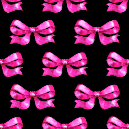 Seamless watercolor pattern with bright pink bows painted by hand. Feminine decorative repeat perfect for gift wrap, textile prints, stationery, packaging, party decor, wedding and Valentine designs.の写真素材
