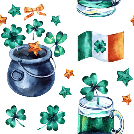 Festive watercolor seamless pattern for St. Patricks Day featuring a black pot of gold, green beer, shamrocks, the Irish flag, and golden stars. A vibrant, hand-painted repeating design on a white background celebrating Irish heritage and luck.の写真素材