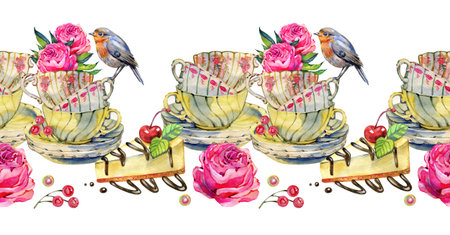 Hand painted watercolor seamless border in a summer cottagecore style featuring vintage teacups with blooming pink roses, small songbird, berries and dessert. Perfect for romantic designs, stationery, packaging, textiles, invitations and branding.の写真素材