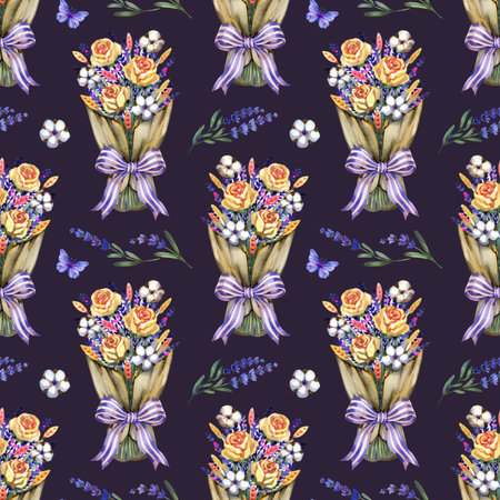 Charming watercolor seamless pattern featuring lavender bouquets in kraft paper tied with purple ribbons and butterflies. Hand-painted botanical design for rustic decor.の写真素材