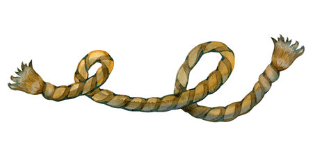 Versatile watercolor illustration of a single natural rope, subtly curved. Hand-painted organic design asset perfect for adding a rustic or handmade feel to various creative projects.の写真素材
