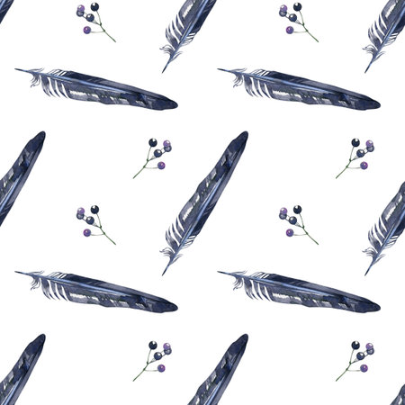 Watercolor seamless pattern featuring dark mystical feathers and small sprigs of purple berries arranged diagonally. Minimalist gothic botanical design for textile and wallpaper backgrounds.の写真素材
