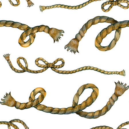 Rustic watercolor seamless pattern with natural hemp ropes and decorative bows. Elegant hand-painted repeating design featuring textured cords for coastal branding and farmhouse interior decor.の写真素材