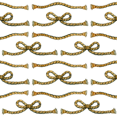 Vintage watercolor seamless pattern featuring twisted nautical ropes and sturdy sailor knots. Hand-painted maritime adventure design with hemp cords for pirate treasure maps and marine decor.の写真素材