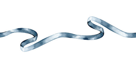 Hand-painted watercolor blue wavy ribbon border with a realistic satin texture. Elegant flowing decorative element for website headers, invitations, and horizontal frame designs.の写真素材