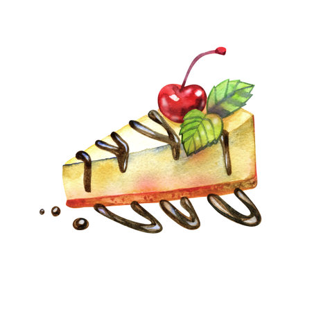 Hand-painted watercolor illustration of a delicious cheesecake slice. This realistic dessert sketch features chocolate drizzle, a bright red cherry, and fresh mint leaves, perfect for cafe menus and culinary designs.の写真素材