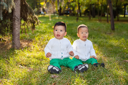 Two little Asian child playing in the Park, sitting on the grass, posing smilingの写真素材