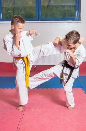 Children during training in karate. Fighting position, active lifestyle, practicing fighting techniquesの写真素材