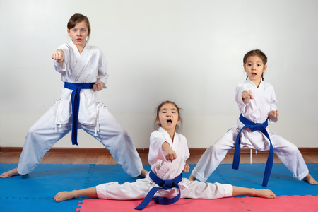 Three little girls demonstrate martial arts working together. Fighting position, active lifestyle, practicing fighting techniquesの写真素材