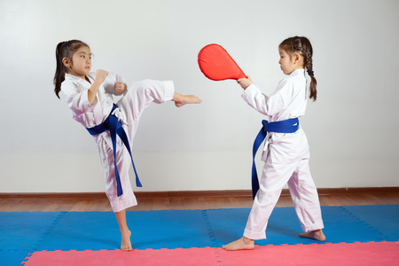 Two little girls demonstrate martial arts working together. Fighting position, active lifestyle, practicing fighting techniquesの写真素材
