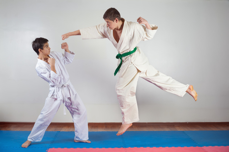 Two boys demonstrate martial arts working together. Fighting position, active lifestyle, practicing fighting techniquesの写真素材