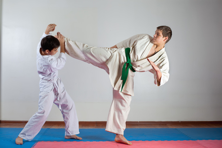 Two boys demonstrate martial arts working together. Fighting position, active lifestyle, practicing fighting techniquesの写真素材
