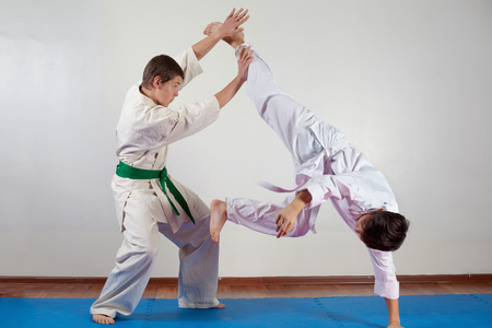 Two boys demonstrate martial arts working together. Fighting position, active lifestyle, practicing fighting techniquesの写真素材
