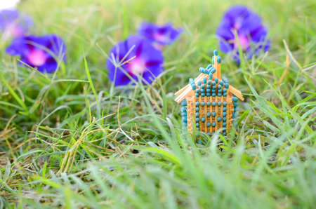 House of matches is surrounded by high grass and flowersの写真素材