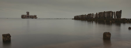 A panoramic shot of a breakwater in the Baltic Sea.の写真素材