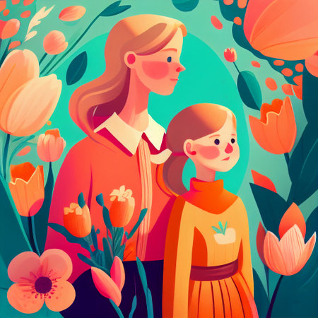 Mother's Day Mother Daughter Warmth Celebration Orange Green Pink Peach Bright Spring Flower March 8 Generative AI Tools Technology illustrationの素材