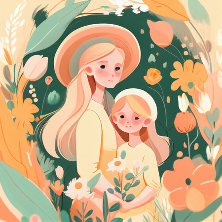 Mother's Day Mother Daughter Warmth Celebration Pink Peach Pastel Spring Flower March 8 Generative AI Tools Technology illustrationの素材