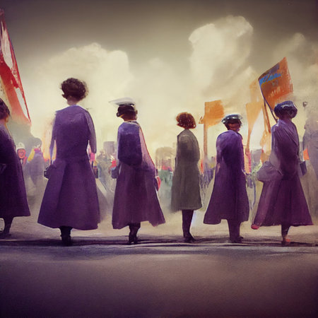 American Suffragette March Women's Rights Group Purple White Organised Rally Demonstration Abstract Generative AI Tools Technology illustrationの素材
