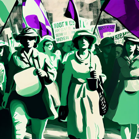 Suffragette March Women's Rights Group Purple White Green Organised Rally Demonstration Abstract Generative AI Tools Technology illustrationの素材