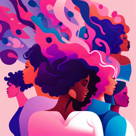 BIPOC Pink Blue Purple Hair Waves Abstract Illustration Woman Indigenous People Of Colour Generative AI Tools Technology illustrationの素材
