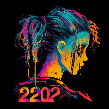 Woman Retro Neon Glitch Vintage Y2K 2000s 90s Nostalgia Vaporwave Style Pink Blue Turquoise Yellow Green Black Purple Generative AI Tools Technology illustrationの素材